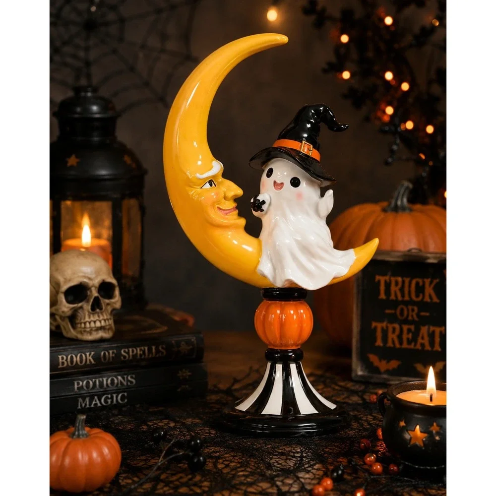 Mackenzie Childs Style Ghost Sitting on Moon Decor Halloween Figurine NEW